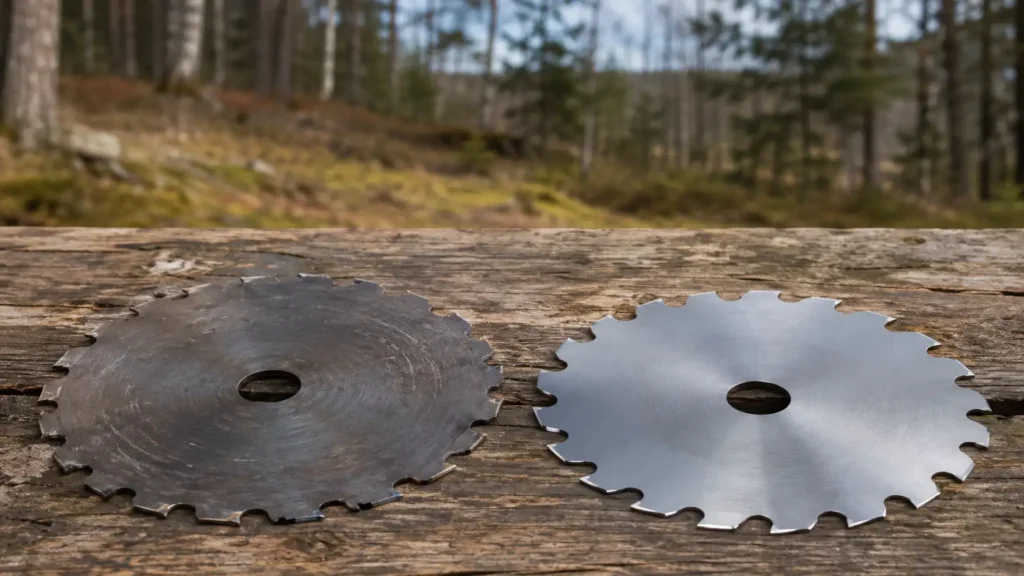 Slitna och blanka sågklingor i skogen